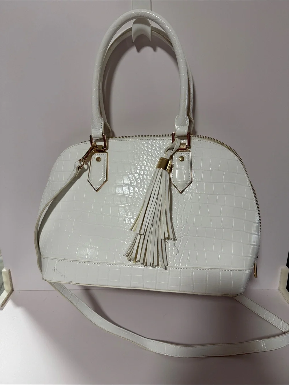Kelly & Katie White Croc-Embossed Satchel with Tassel and Gold Hardware